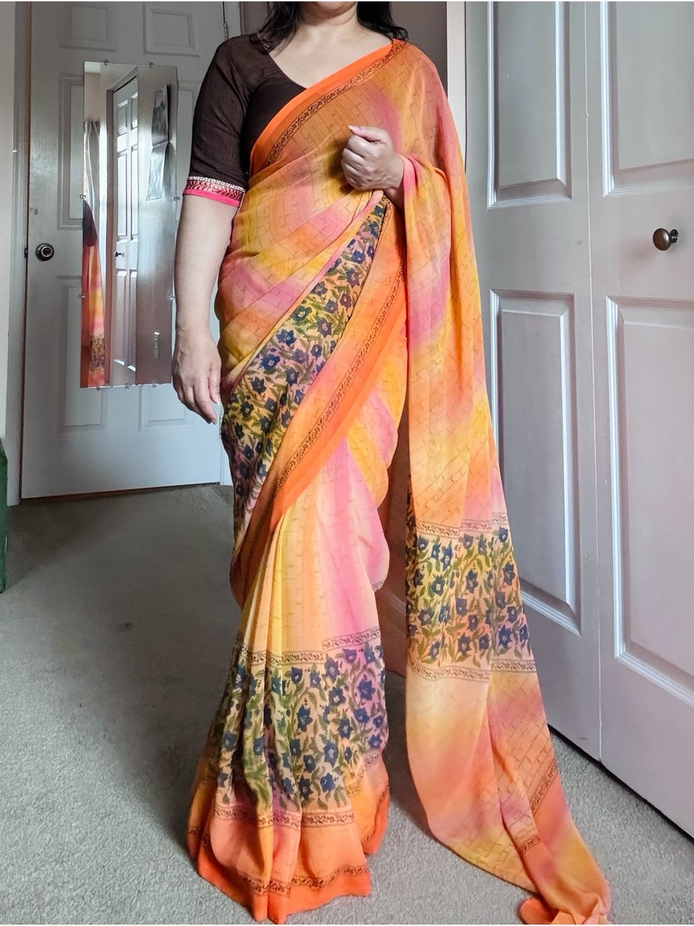 Orange and Pink Floral Printed Saree with brown blouse